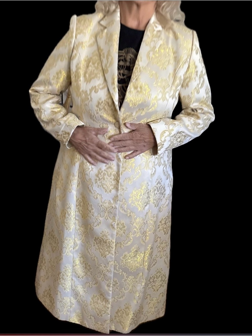 Ashro Ivory and Gold Brocade Long Trench Coat and Two Other Pieces